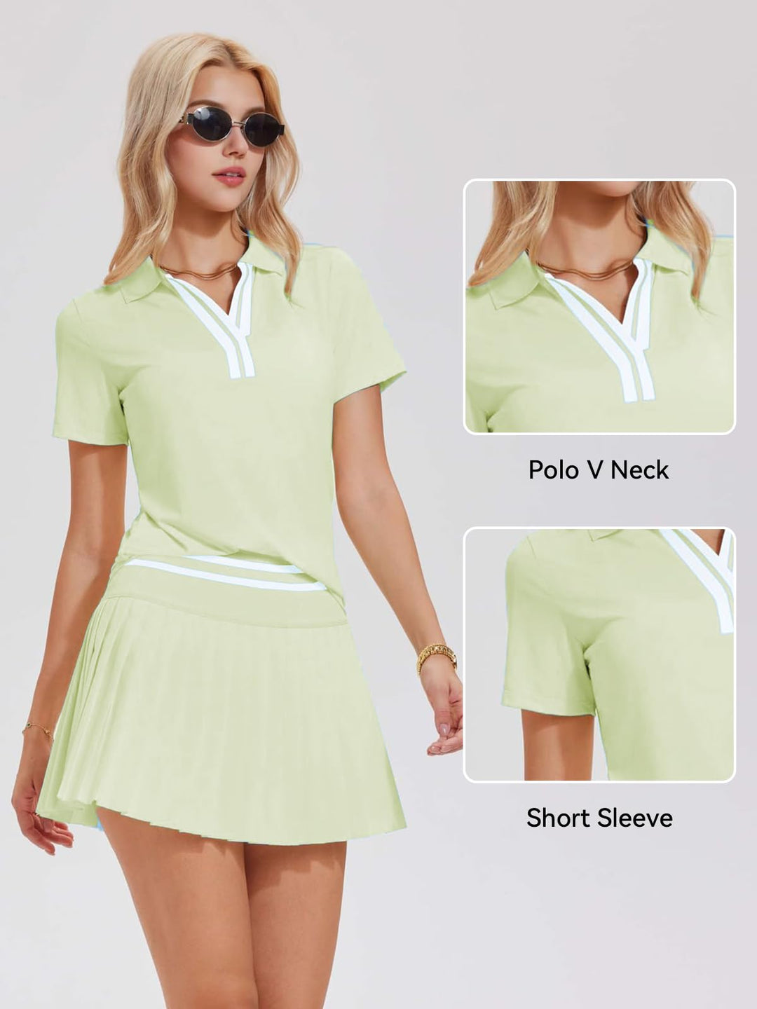 Tennis Skirt Set for Women Color Block V Neck Golf Pickleball Outfits Pleated Athletic Two Piece Skirts Sets
