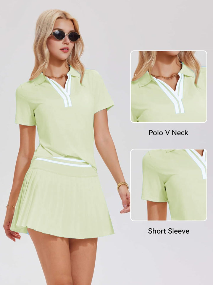 Tennis Skirt Set for Women Color Block V Neck Golf Pickleball Outfits Pleated Athletic Two Piece Skirts Sets