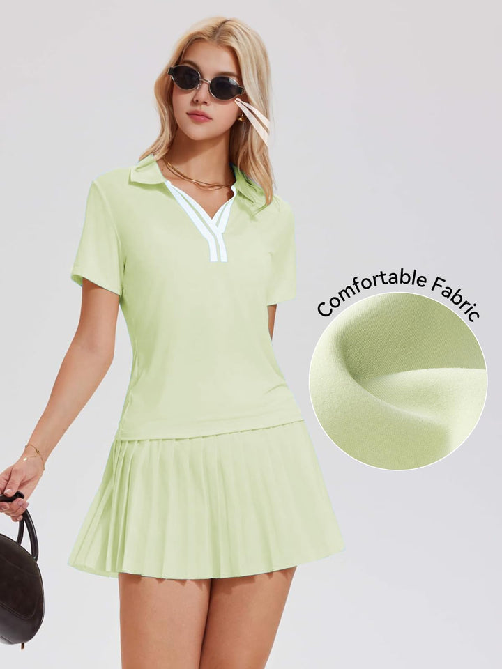 Tennis Skirt Set for Women Color Block V Neck Golf Pickleball Outfits Pleated Athletic Two Piece Skirts Sets