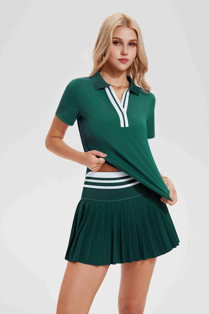 Tennis Skirt Set for Women Color Block V Neck Golf Pickleball Outfits Pleated Athletic Two Piece Skirts Sets