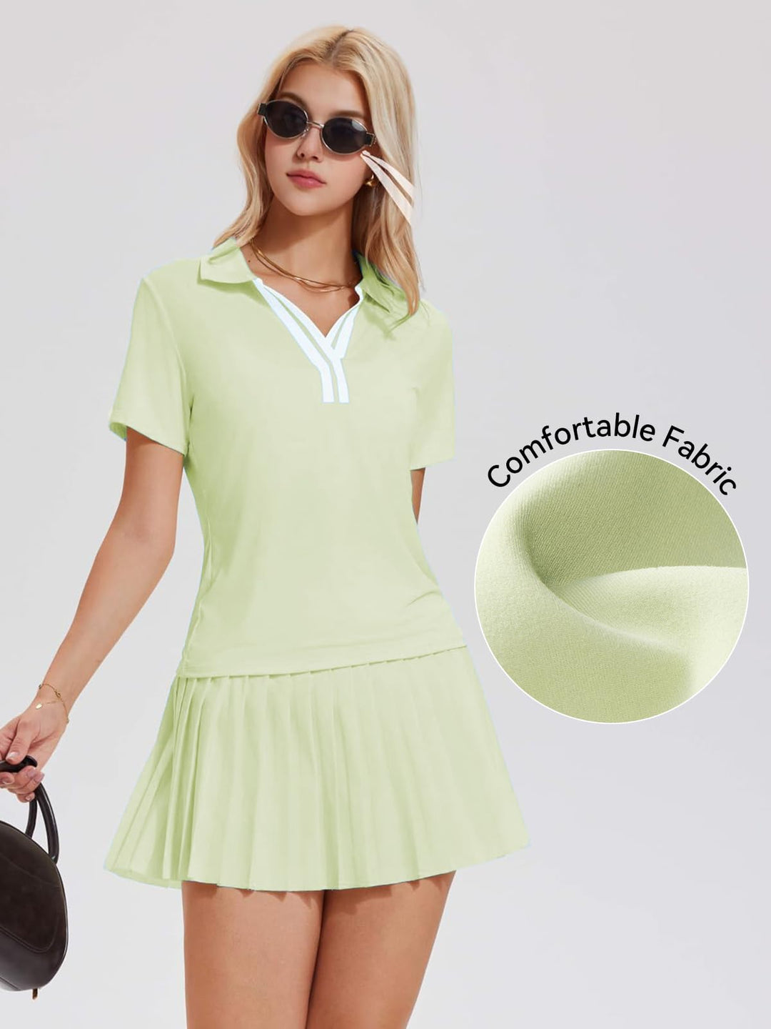 Tennis Skirt Set for Women Color Block V Neck Golf Pickleball Outfits Pleated Athletic Two Piece Skirts Sets
