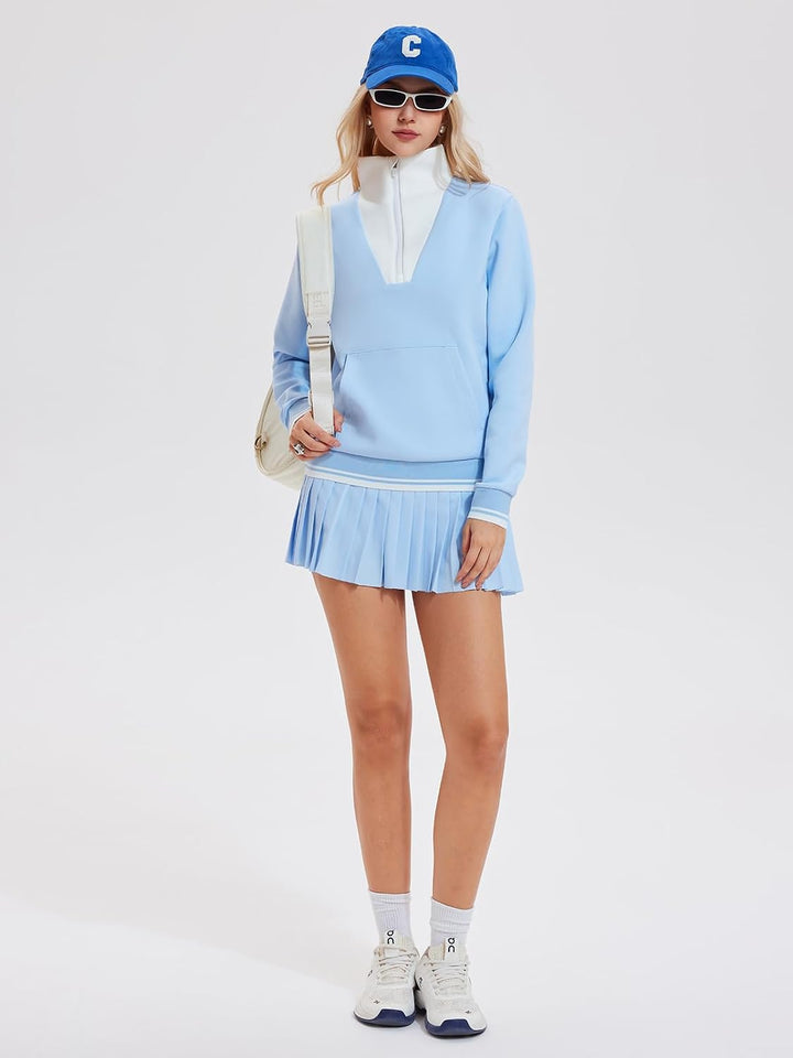 Airfree Women Two Piece Tennis Skirt Set Golf Outfits Half Zip Oversize Pullover Sweatshirt 2 Piece Skirt Sets with Pockets