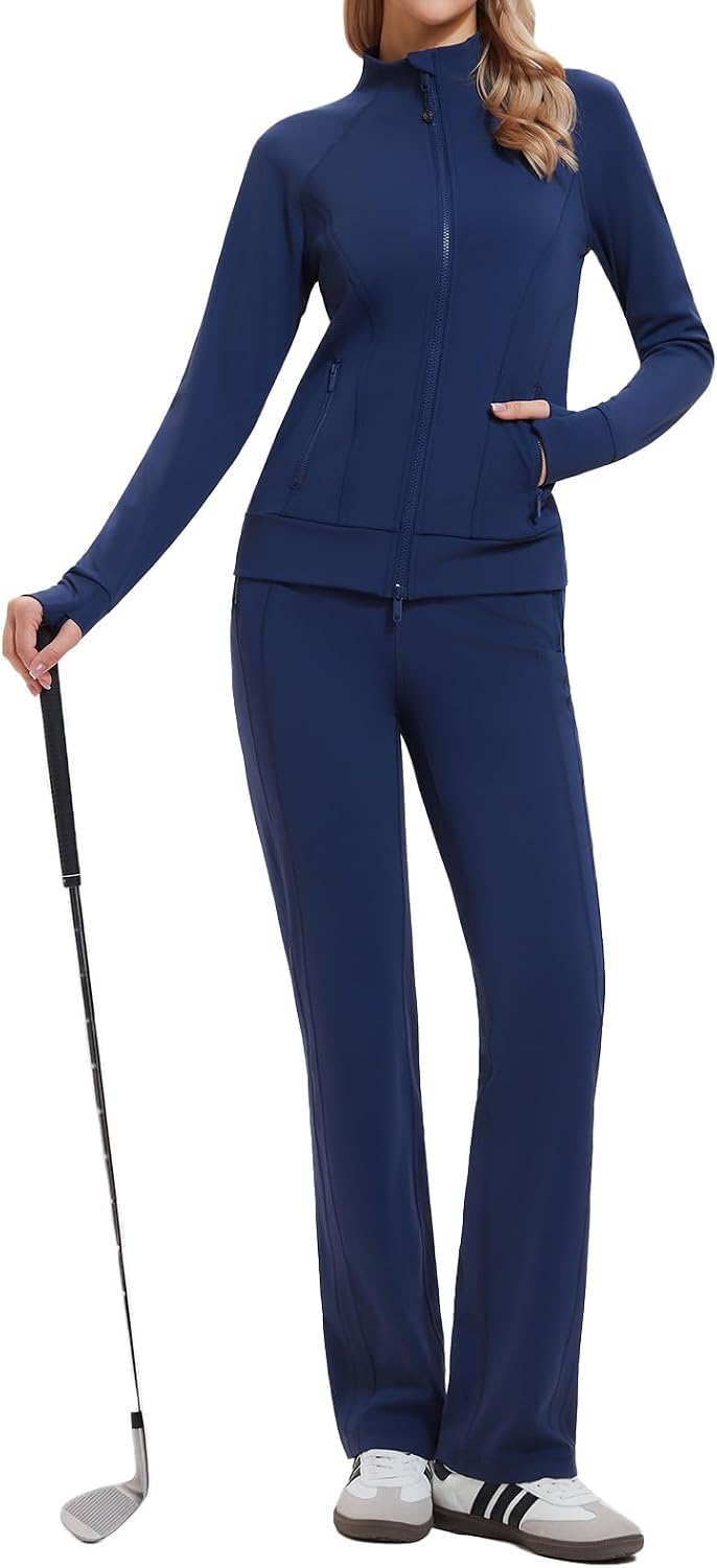 Airfree Womens Two Piece Tracksuit Slim Fit Double Zipper Jacket Straight Leg Pants Outfits 2 Piece Lounge Set Sweatsuit
