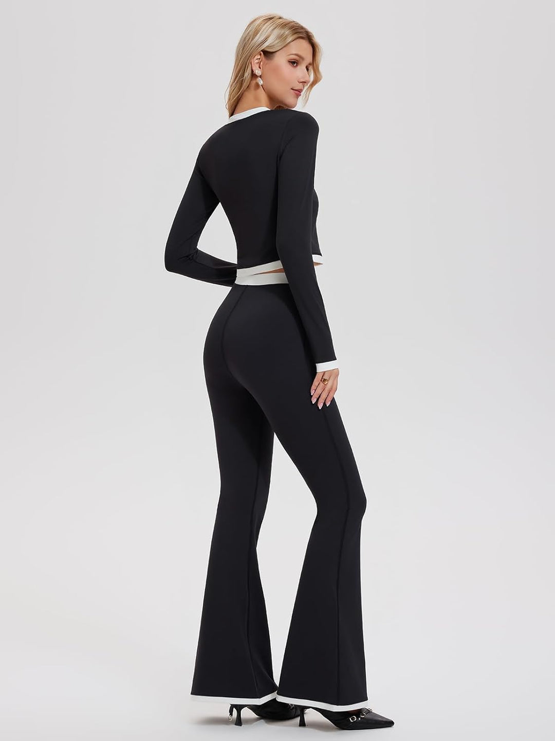 Airfree Womens 2 Piece Outfits Long Sleeve Crew Neck Cardigan Bell Bottom Leg Pants Matching Lounge Set Tracksuit Sets Y2K