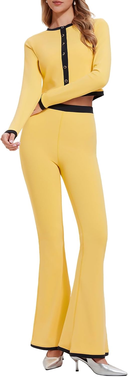 Airfree Womens 2 Piece Outfits Long Sleeve Crew Neck Cardigan Bell Bottom Leg Pants Matching Lounge Set Tracksuit Sets Y2K