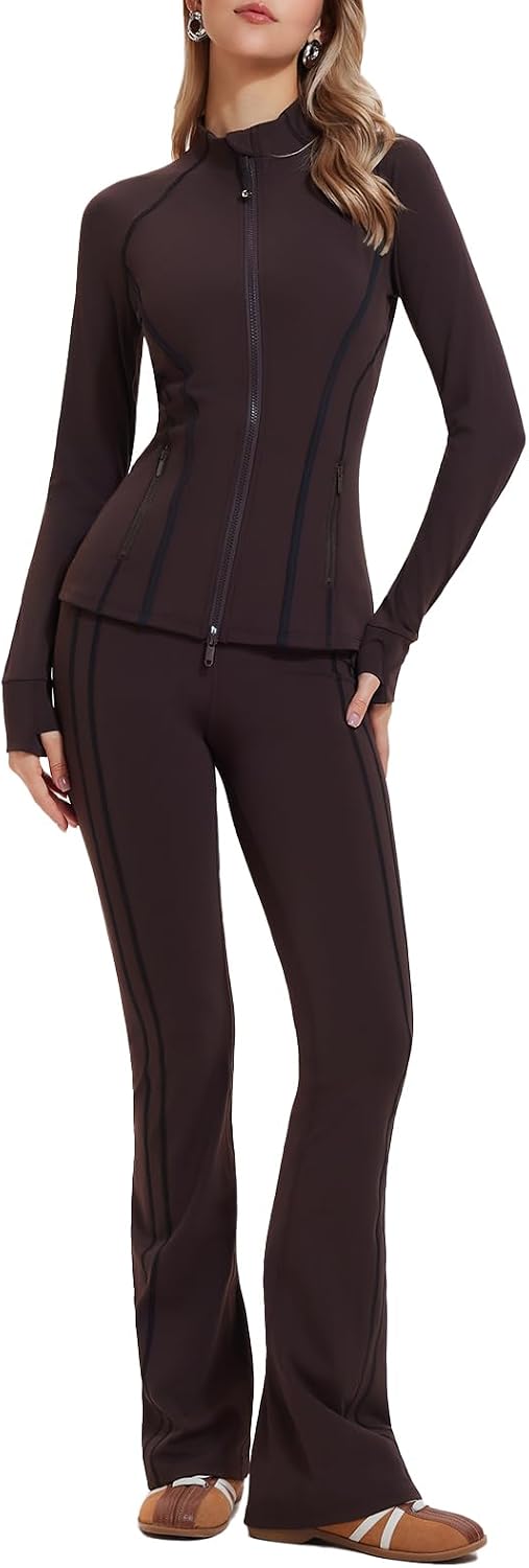 Airfree Womens Sweatsuits 2 Piece Set Tracksuit Full Zip Up Jacket and Contrast Striped Bell Bottom Pants Outfits Lounge Sets