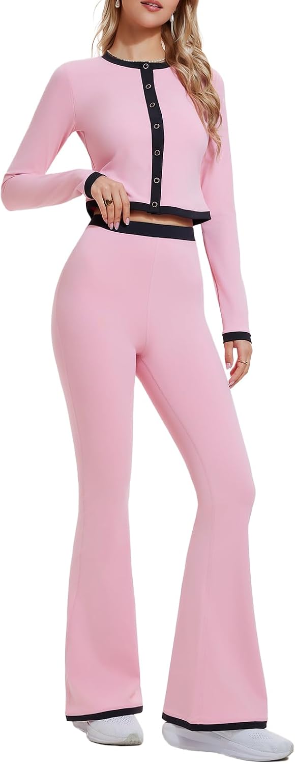 Airfree Womens 2 Piece Outfits Long Sleeve Crew Neck Cardigan Bell Bottom Leg Pants Matching Lounge Set Tracksuit Sets Y2K