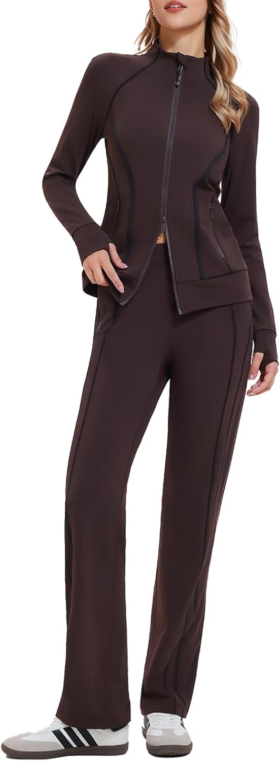 Airfree Womens Two Piece Tracksuit Slim Fit Double Zipper Jacket Straight Leg Pants Outfits 2 Piece Lounge Set Sweatsuit