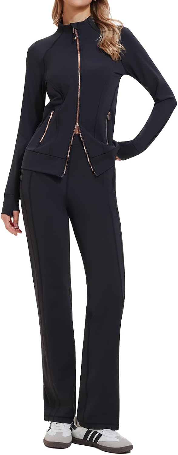 Airfree Womens Two Piece Tracksuit Slim Fit Double Zipper Jacket Straight Leg Pants Outfits 2 Piece Lounge Set Sweatsuit