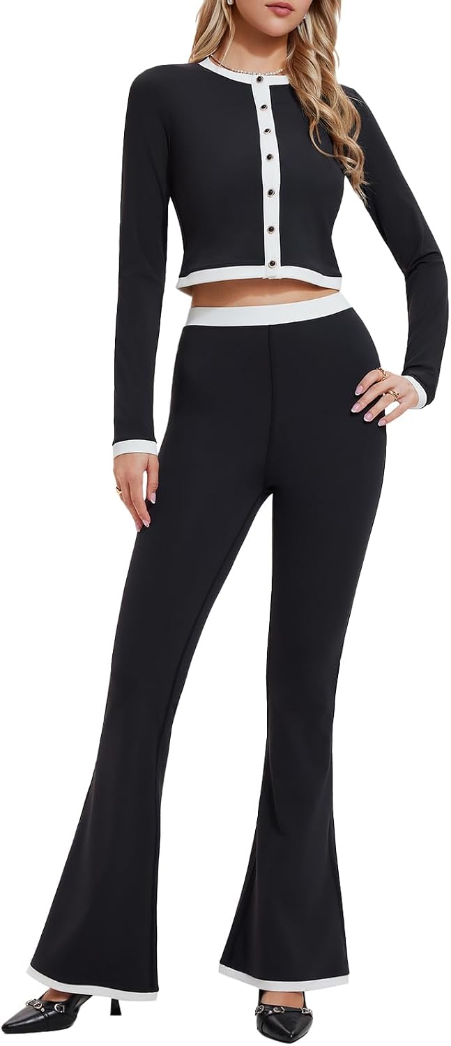 Airfree Womens 2 Piece Outfits Long Sleeve Crew Neck Cardigan Bell Bottom Leg Pants Matching Lounge Set Tracksuit Sets Y2K