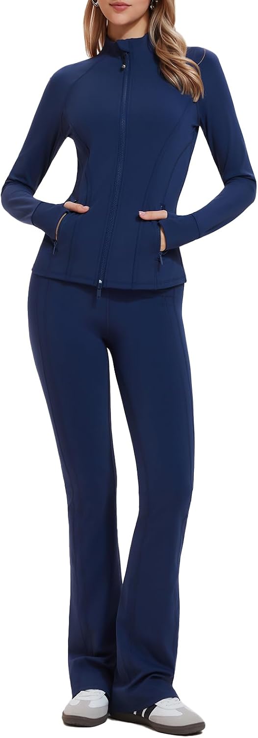 Airfree Womens Sweatsuits 2 Piece Set Tracksuit Full Zip Up Jacket and Contrast Striped Bell Bottom Pants Outfits Lounge Sets