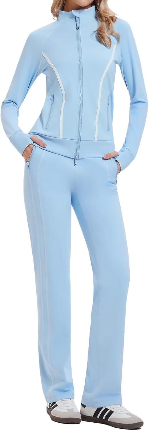 Airfree Womens Two Piece Tracksuit Slim Fit Double Zipper Jacket Straight Leg Pants Outfits 2 Piece Lounge Set Sweatsuit