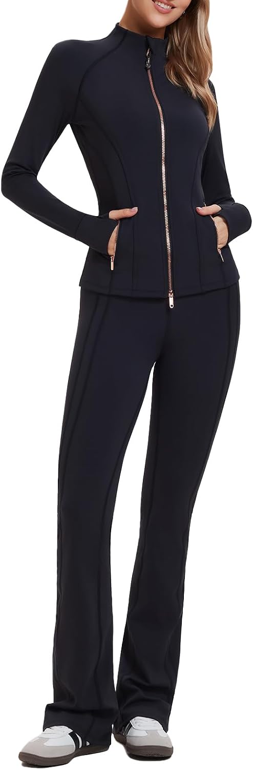 Airfree Womens Sweatsuits 2 Piece Set Tracksuit Full Zip Up Jacket and Contrast Striped Bell Bottom Pants Outfits Lounge Sets