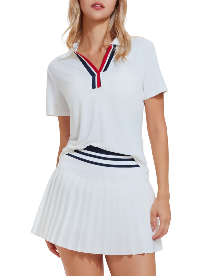Tennis Skirt Set for Women Color Block V Neck Golf Pickleball Outfits Pleated Athletic Two Piece Skirts Sets
