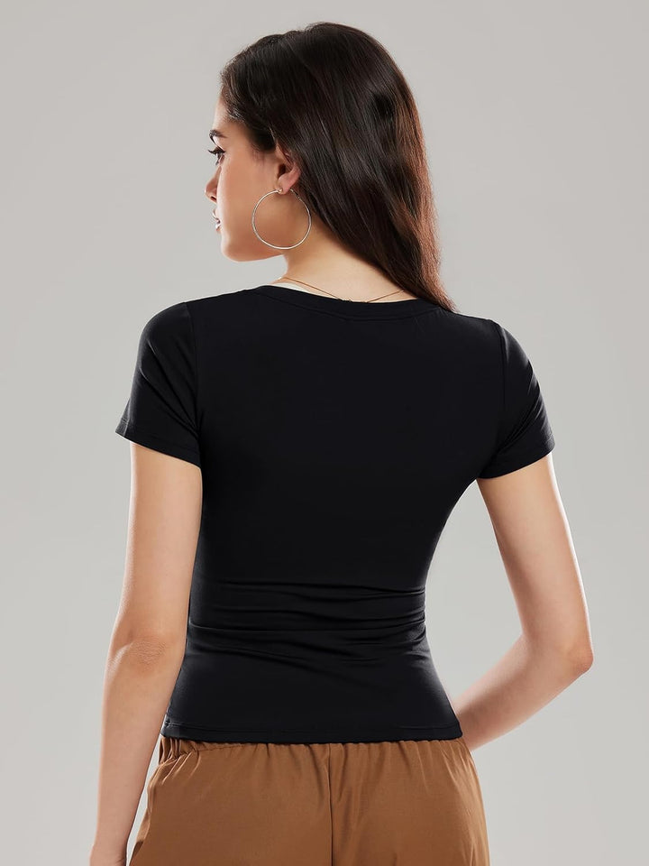 Airfree Women Short Sleeve Tops Scoop Neck Summer Shirts Slim Fit Basic Tees Casual Spring Fashion Clothes