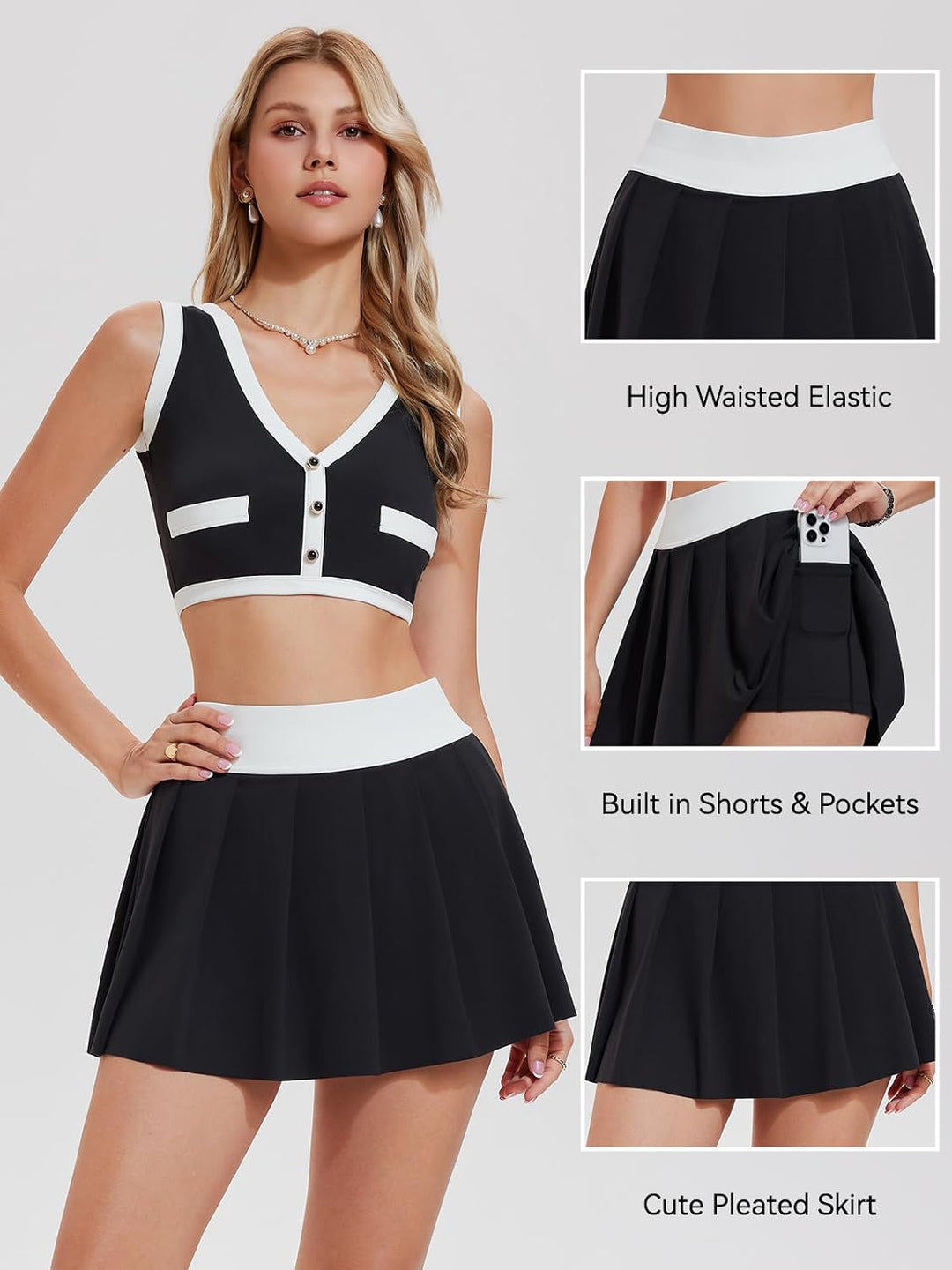 Airfree Two Piece Tennis Skirt Sets for Women Tank Tops Golf Outfits Athletic Golf Skirt Sets Women 2 Piece Outfits