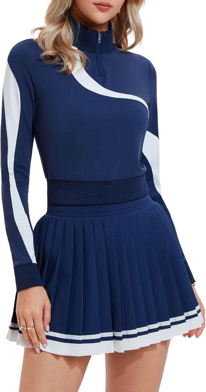 Women 2 Piece Skirt Set Golf Outfits Half Zip Long Sleeve Pullover Tennis Skirt Matching Sets Athletic Tracksuits