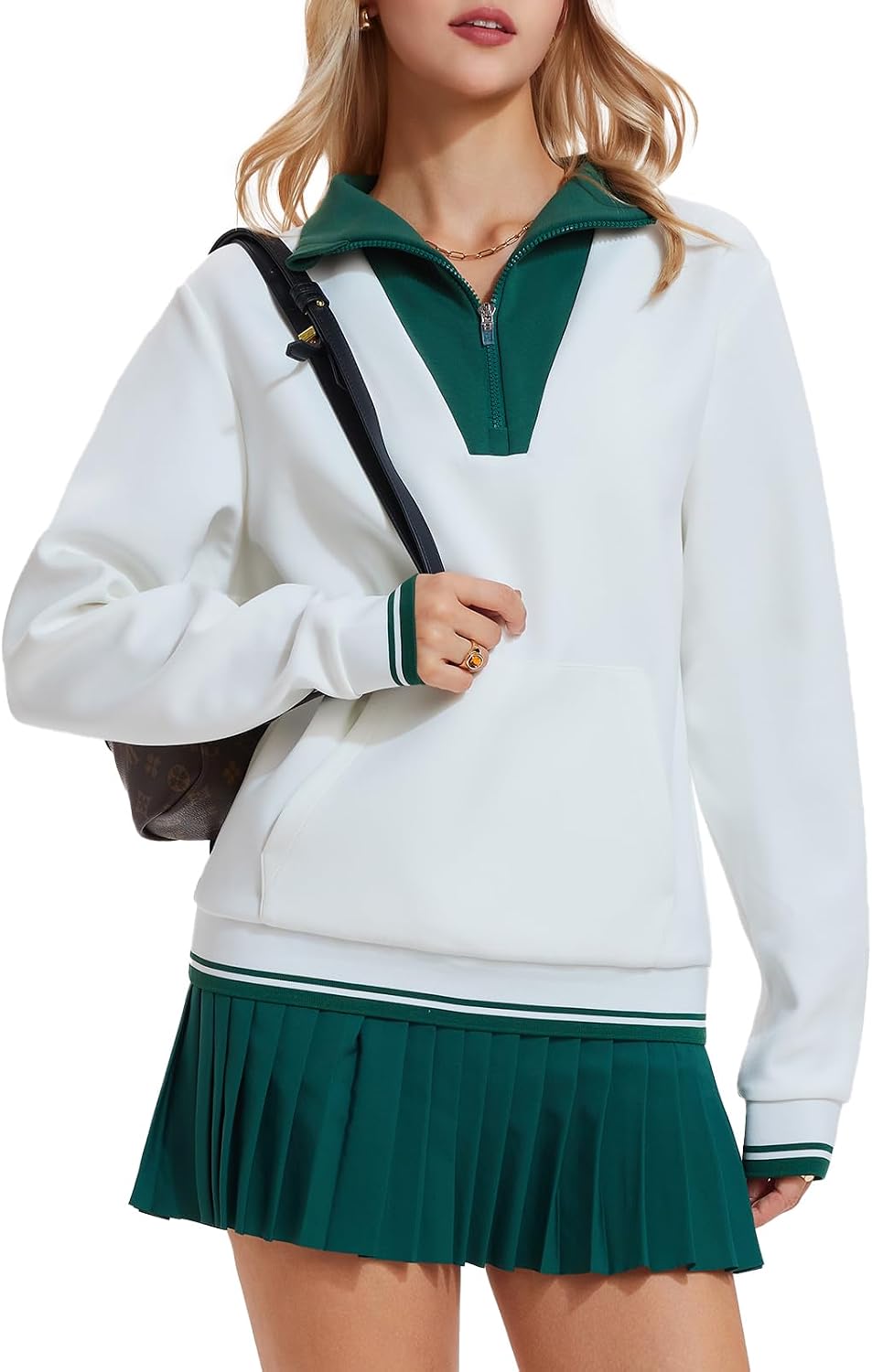 Airfree Women Two Piece Tennis Skirt Set Golf Outfits Half Zip Oversize Pullover Sweatshirt 2 Piece Skirt Sets with Pockets