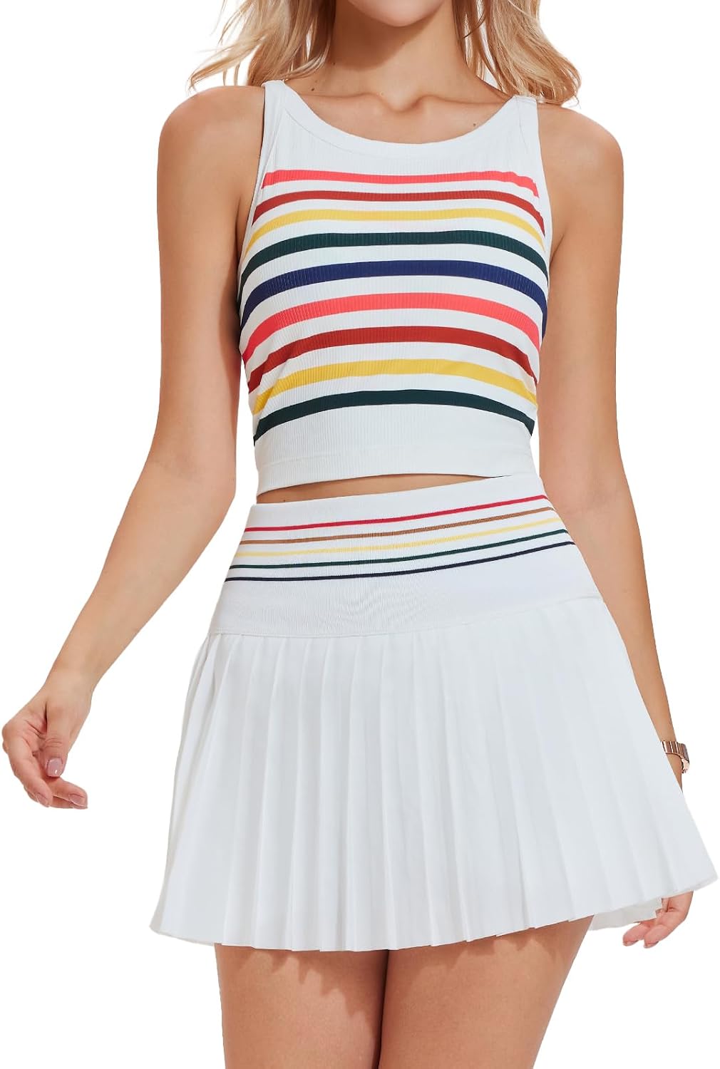 Airfree Two Piece Tennis Skirt Set Golf Outfits for Women High Waisted Tennis Short Dress with Pockets Athletic 2 Piece Sets