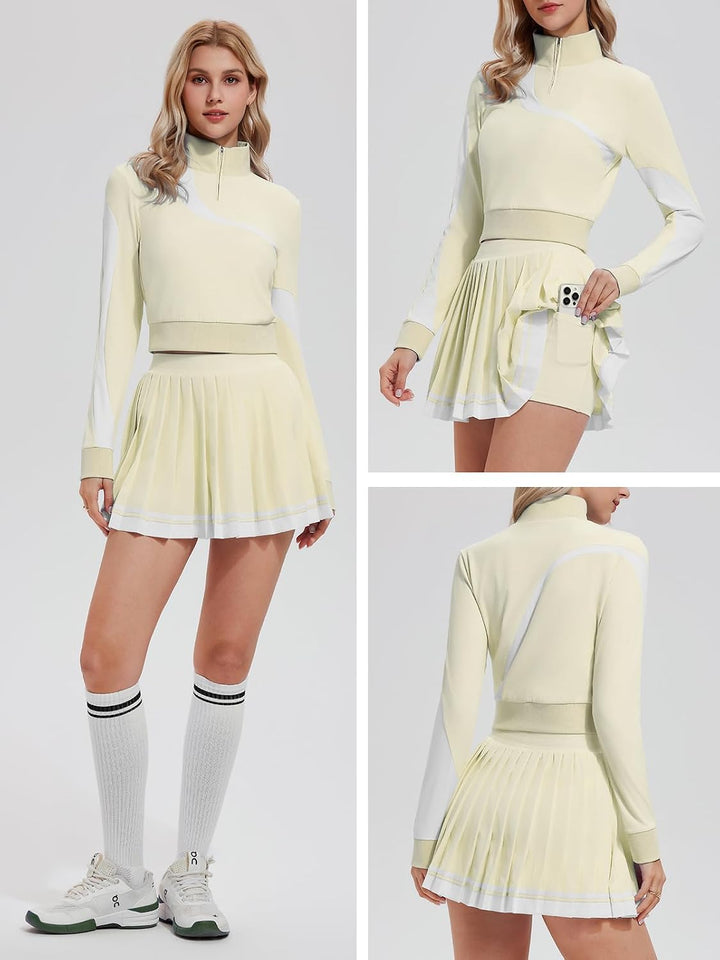 Women 2 Piece Skirt Set Golf Outfits Half Zip Long Sleeve Pullover Tennis Skirt Matching Sets Athletic Tracksuits