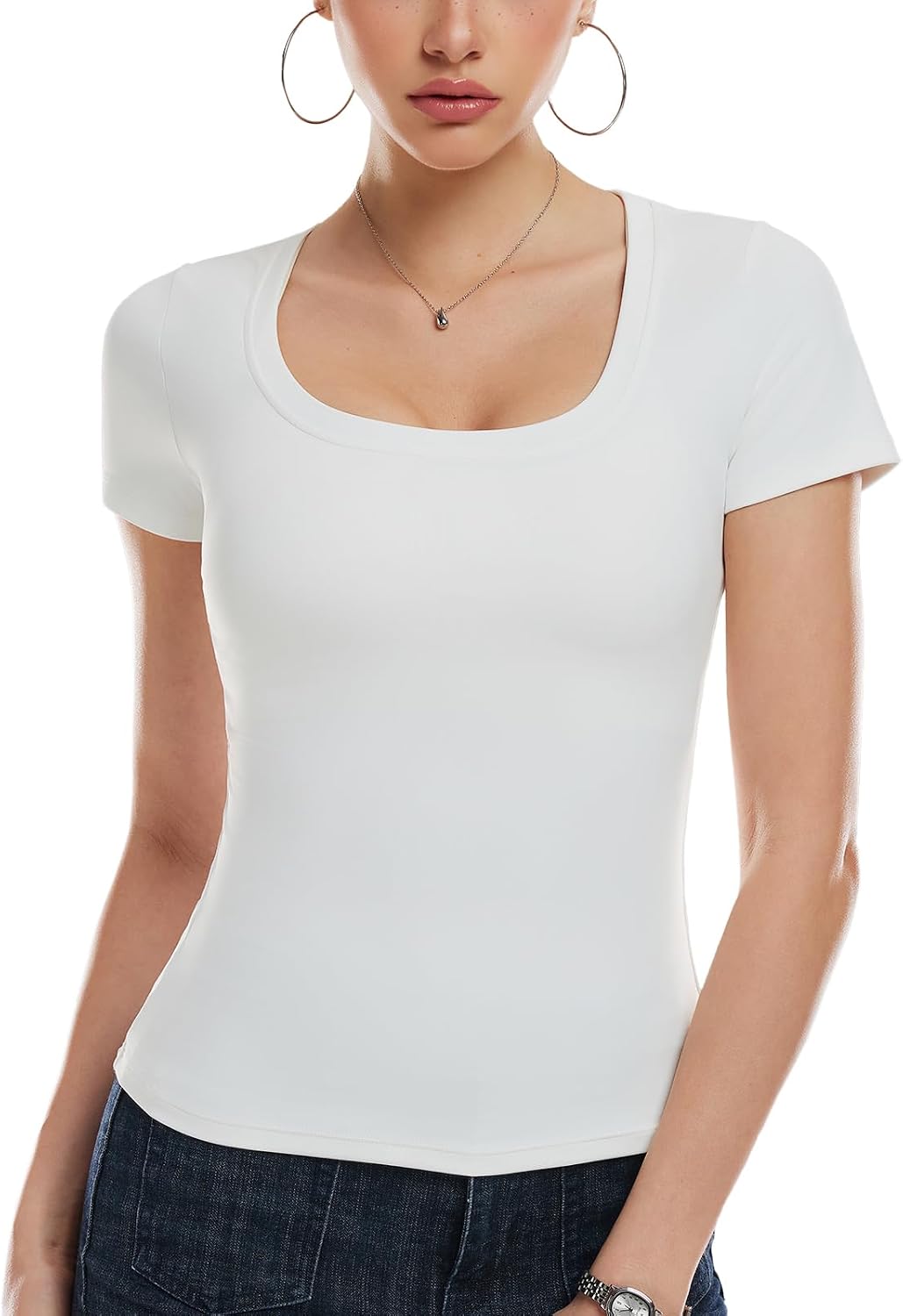 Airfree Women Short Sleeve Tops Scoop Neck Summer Shirts Slim Fit Basic Tees Casual Spring Fashion Clothes