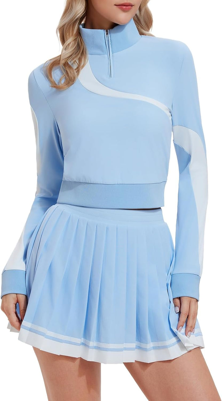 Women 2 Piece Skirt Set Golf Outfits Half Zip Long Sleeve Pullover Tennis Skirt Matching Sets Athletic Tracksuits