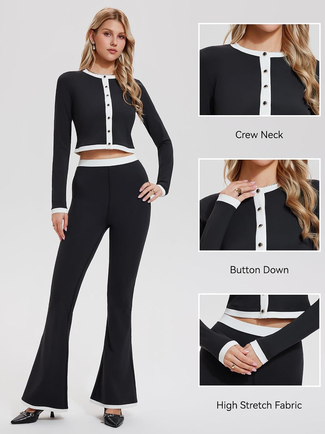Airfree Womens 2 Piece Outfits Long Sleeve Crew Neck Cardigan Bell Bottom Leg Pants Matching Lounge Set Tracksuit Sets Y2K