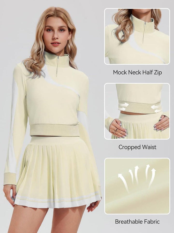 Women 2 Piece Skirt Set Golf Outfits Half Zip Long Sleeve Pullover Tennis Skirt Matching Sets Athletic Tracksuits