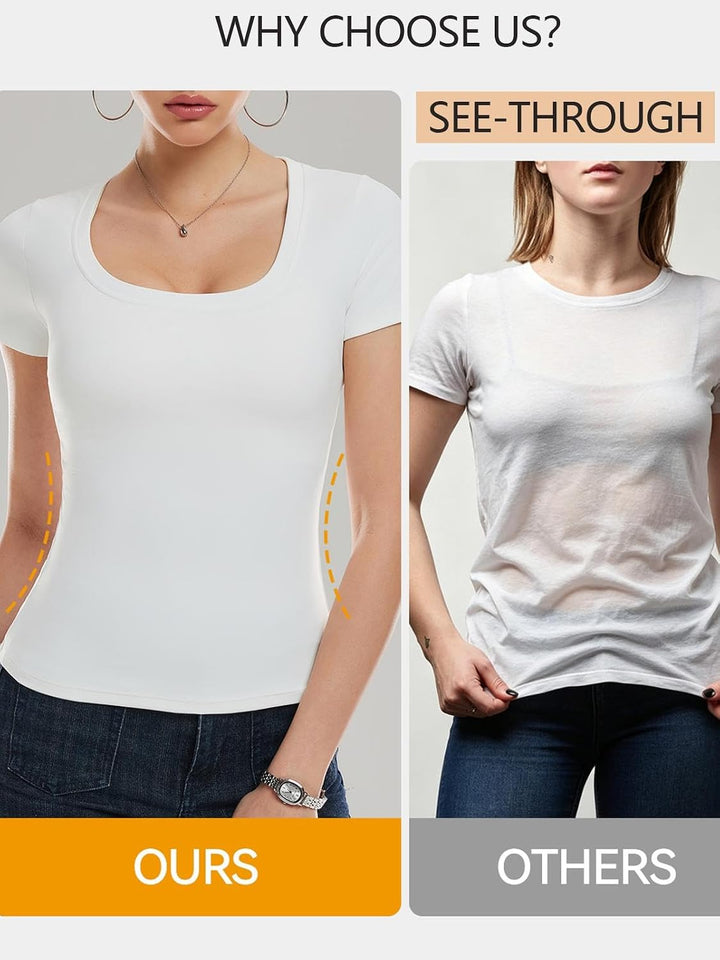Airfree Women Short Sleeve Tops Scoop Neck Summer Shirts Slim Fit Basic Tees Casual Spring Fashion Clothes