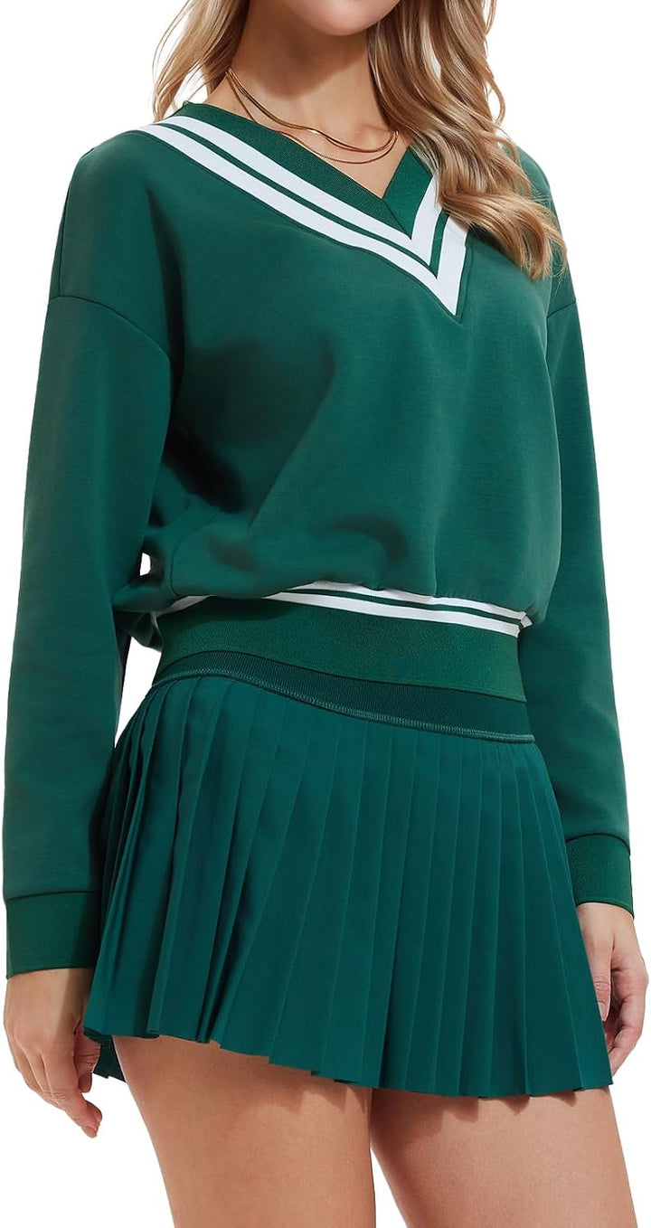 Womens Sweatsuits 2 Piece Set Color Block V Neck Sweatshirts High Waisted Tennis Running Golf Tracksuits Skirts Sets