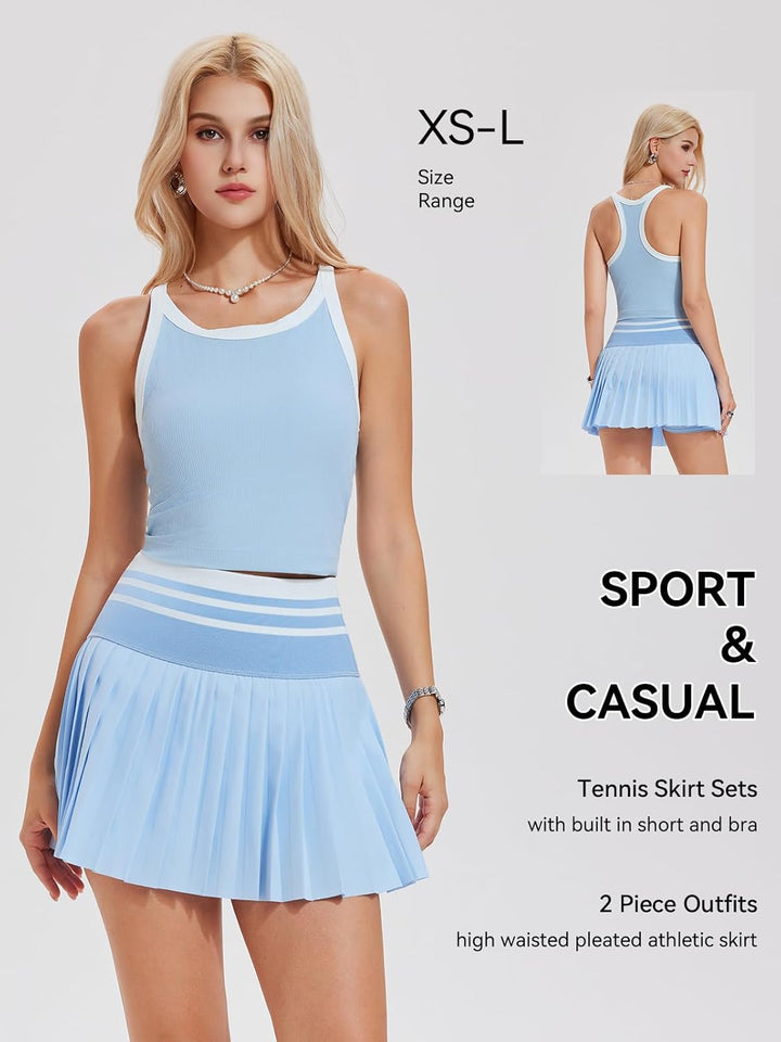 Airfree Two Piece Tennis Skirt Set Golf Outfits for Women High Waisted Tennis Short Dress with Pockets Athletic 2 Piece Sets