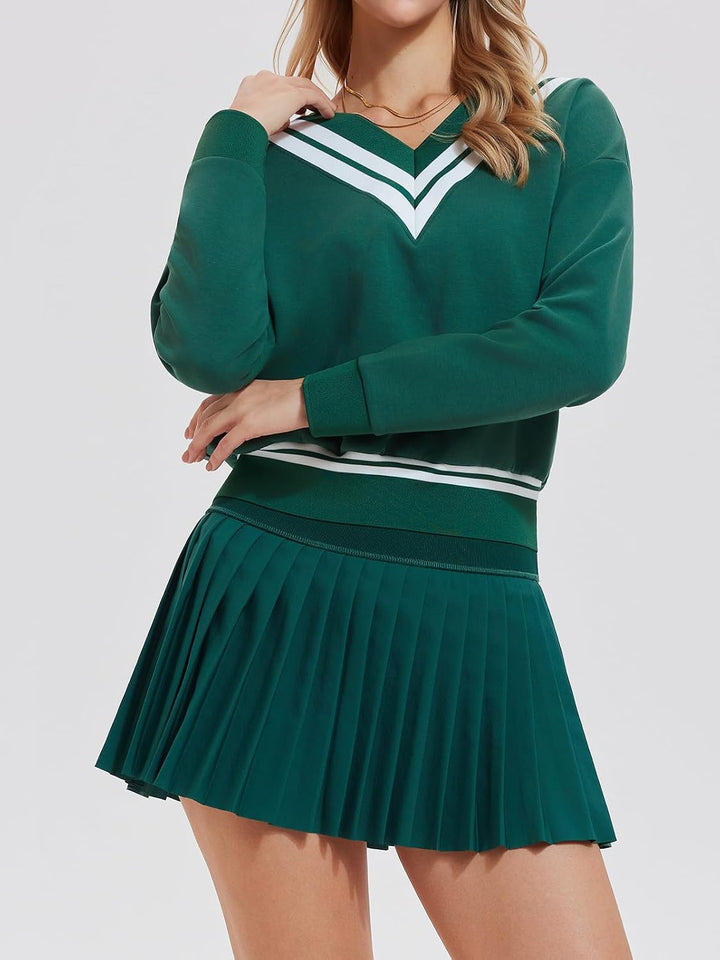 Womens Sweatsuits 2 Piece Set Color Block V Neck Sweatshirts High Waisted Tennis Running Golf Tracksuits Skirts Sets