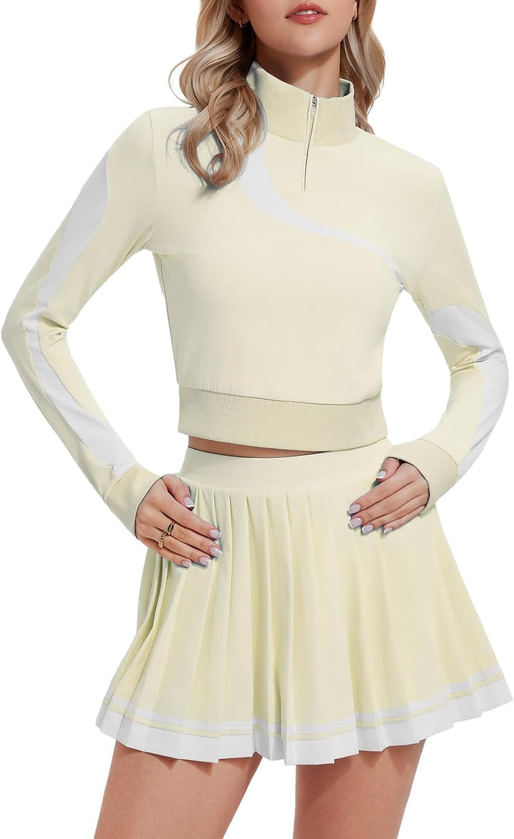 Women 2 Piece Skirt Set Golf Outfits Half Zip Long Sleeve Pullover Tennis Skirt Matching Sets Athletic Tracksuits