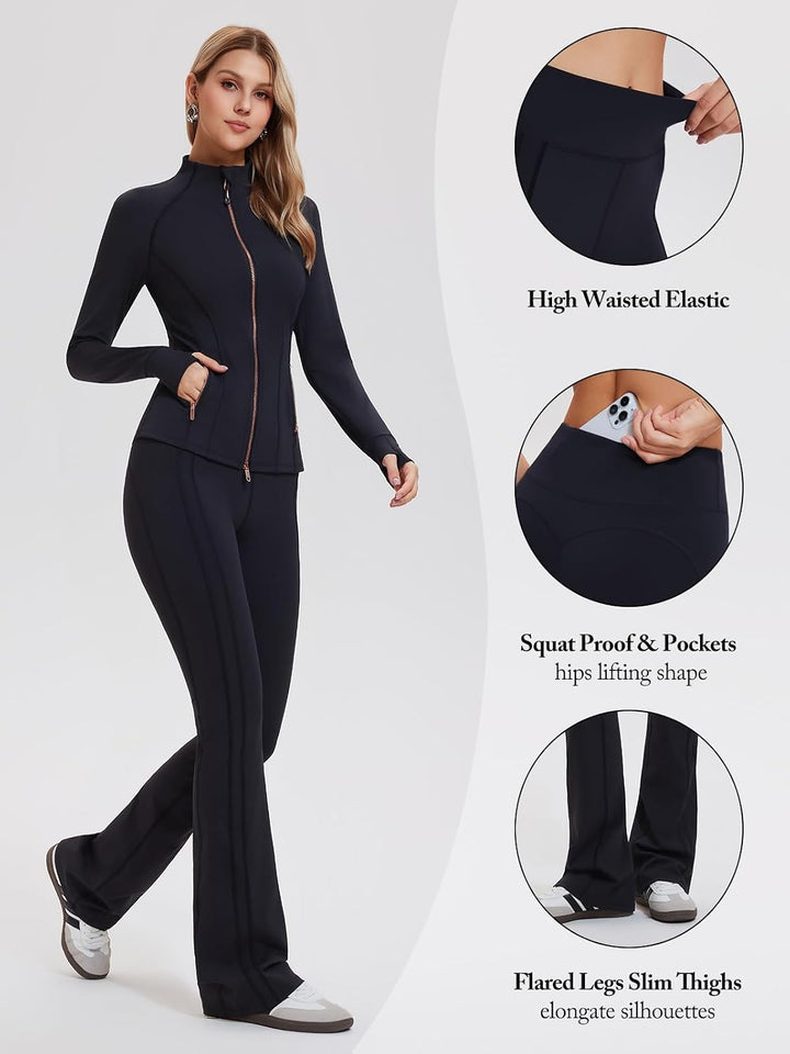 Airfree Womens Sweatsuits 2 Piece Set Tracksuit Full Zip Up Jacket and Contrast Striped Bell Bottom Pants Outfits Lounge Sets