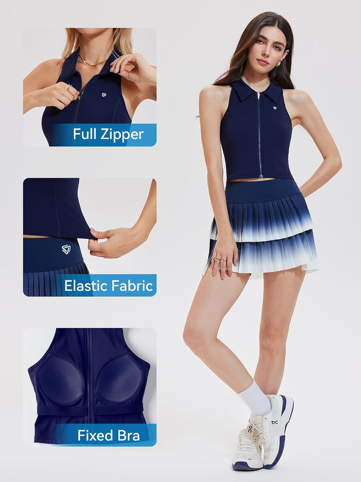 Tennis Skirt Set for Women Two Piece Golf Pickleball Outfits Double Ruffle Pleated Athletic Skirts Sets with Pockets