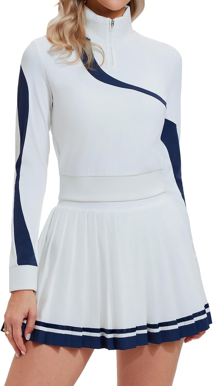 Women 2 Piece Skirt Set Golf Outfits Half Zip Long Sleeve Pullover Tennis Skirt Matching Sets Athletic Tracksuits