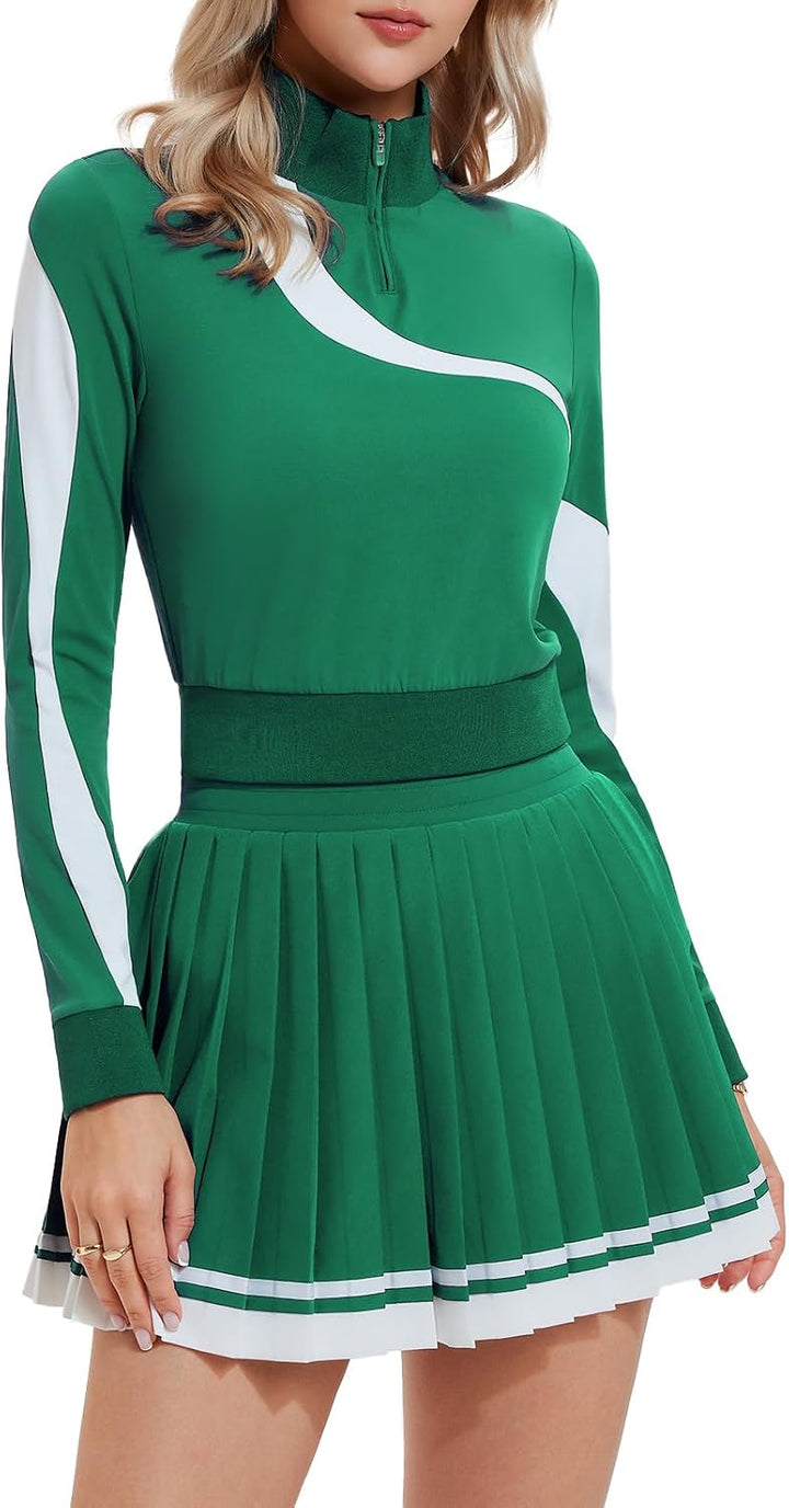 Women 2 Piece Skirt Set Golf Outfits Half Zip Long Sleeve Pullover Tennis Skirt Matching Sets Athletic Tracksuits