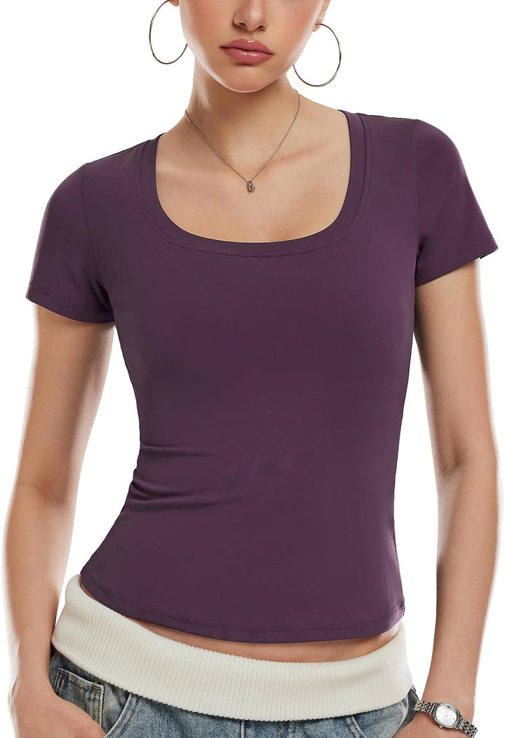 Airfree Women Short Sleeve Tops Scoop Neck Summer Shirts Slim Fit Basic Tees Casual Spring Fashion Clothes