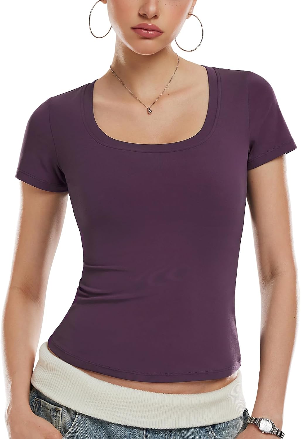 Airfree Women Short Sleeve Tops Scoop Neck Summer Shirts Slim Fit Basic Tees Casual Spring Fashion Clothes