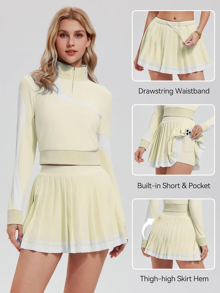 Women 2 Piece Skirt Set Golf Outfits Half Zip Long Sleeve Pullover Tennis Skirt Matching Sets Athletic Tracksuits