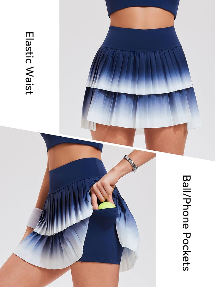 Tennis Skirt Set for Women Two Piece Golf Pickleball Outfits Double Ruffle Pleated Athletic Skirts Sets with Pockets