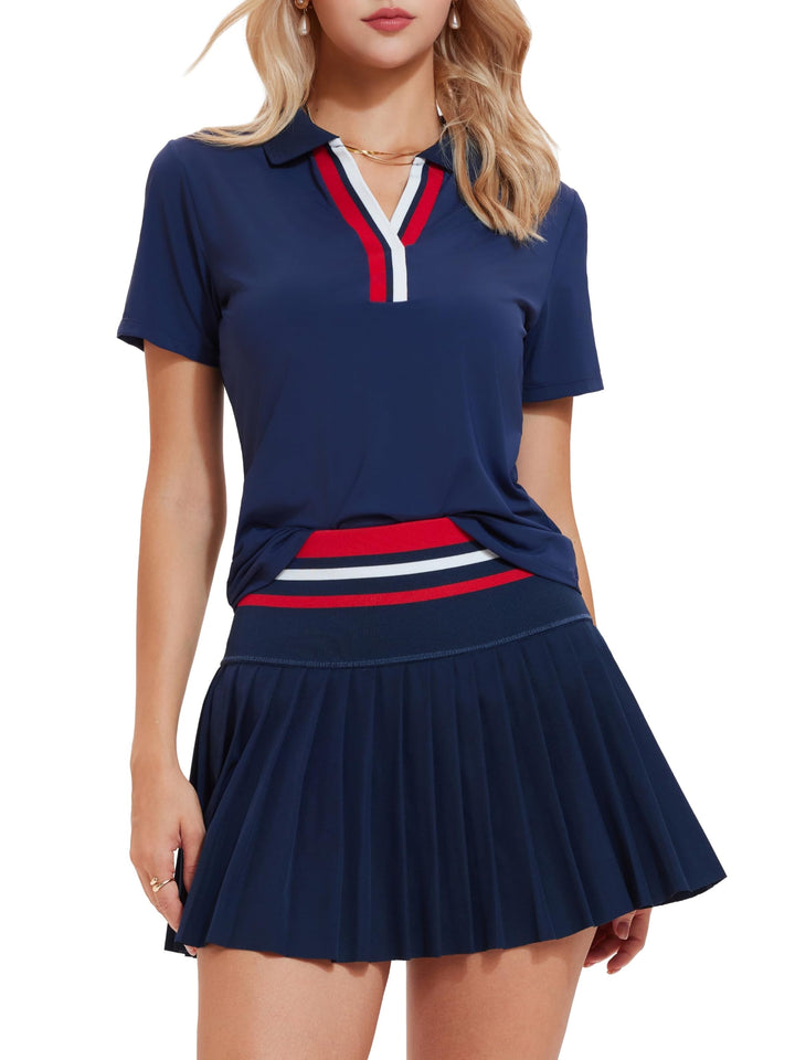 Tennis Skirt Set for Women Color Block V Neck Golf Pickleball Outfits Pleated Athletic Two Piece Skirts Sets