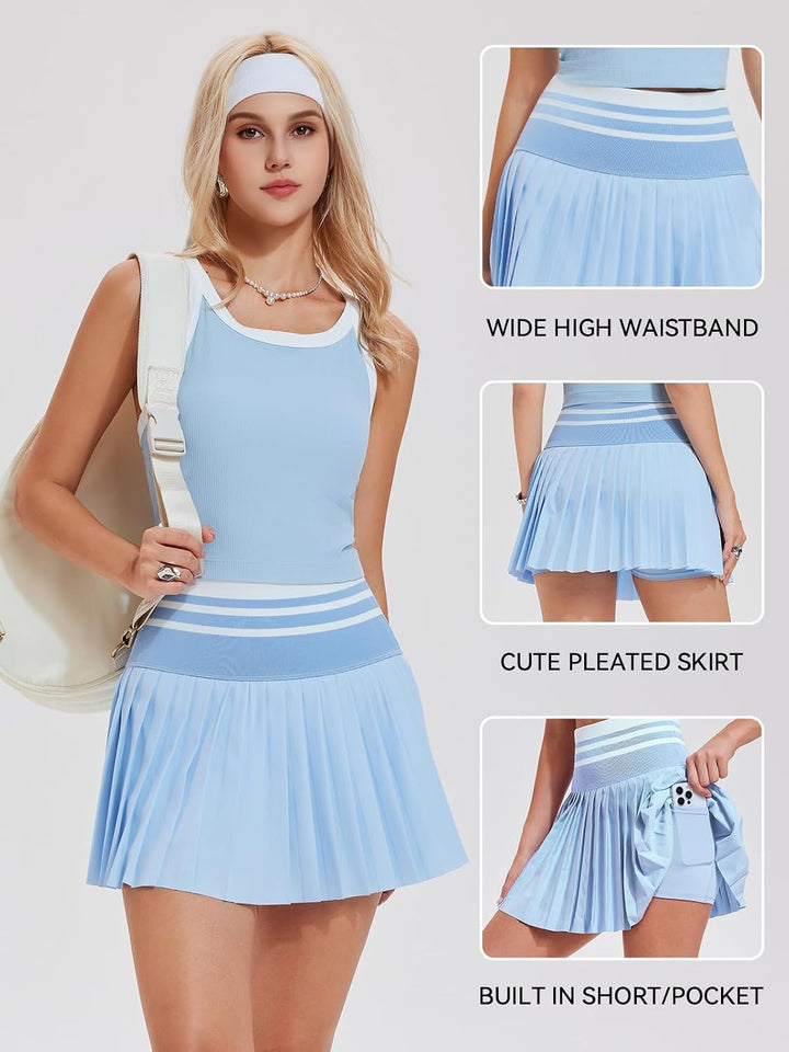 Airfree Two Piece Tennis Skirt Set Golf Outfits for Women High Waisted Tennis Short Dress with Pockets Athletic 2 Piece Sets