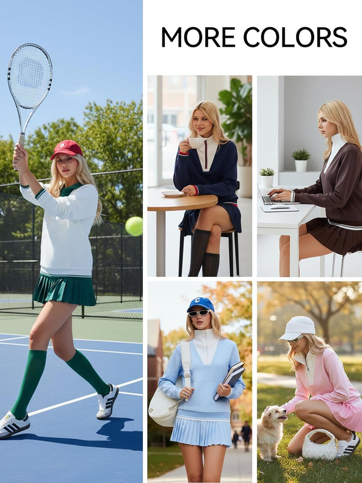 Airfree Women Two Piece Tennis Skirt Set Golf Outfits Half Zip Oversize Pullover Sweatshirt 2 Piece Skirt Sets with Pockets