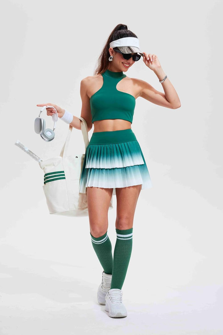 Tennis Skirt Sets for Women Half High Collar Irregular Bra Double Ruffle Golf Skirt Set Women 2 Piece Outfits