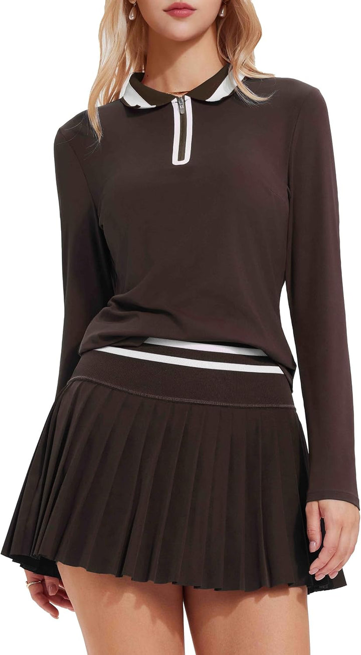 Tennis Skirt Sets for Women Zipper Color Block High Waisted Golf Polo Two Piece Skirt Set Women 2 Piece Outfits