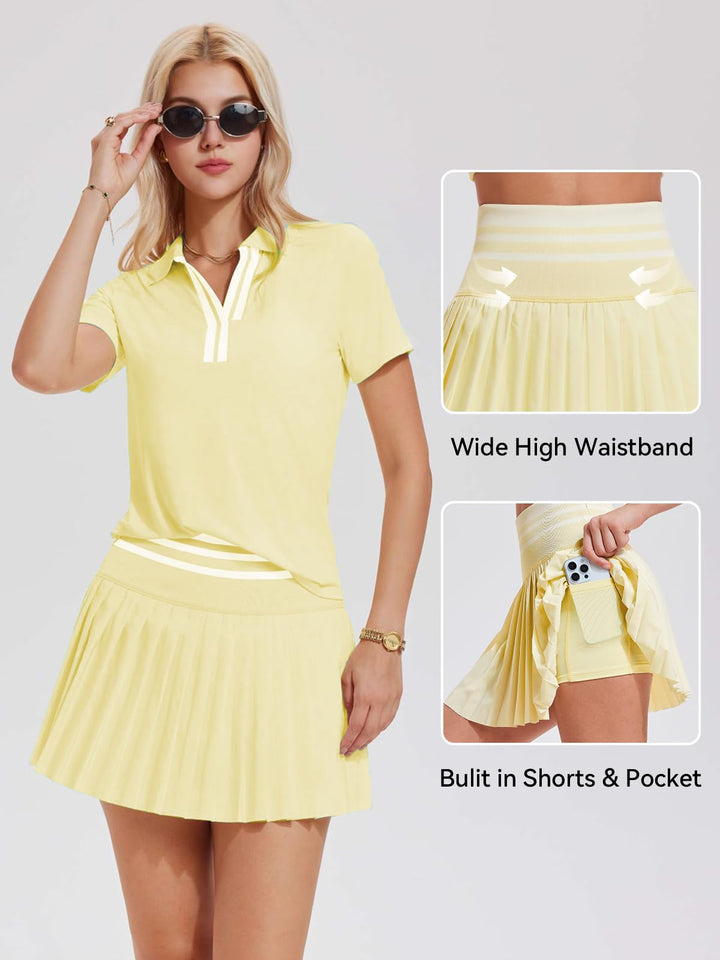 Tennis Skirt Set for Women Color Block V Neck Golf Pickleball Outfits Pleated Athletic Two Piece Skirts Sets