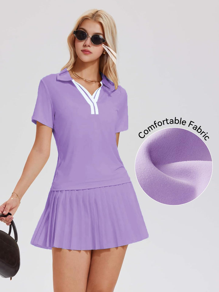 Tennis Skirt Set for Women Color Block V Neck Golf Pickleball Outfits Pleated Athletic Two Piece Skirts Sets