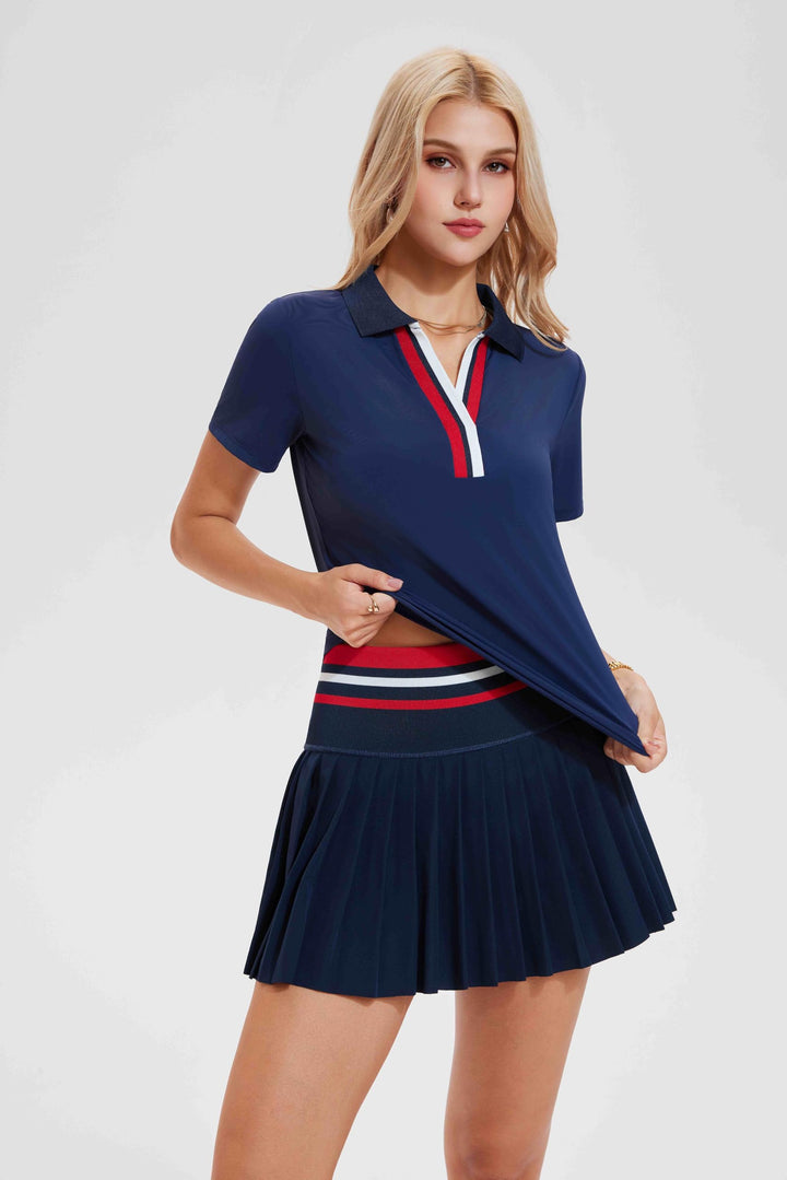 Tennis Skirt Set for Women Color Block V Neck Golf Pickleball Outfits Pleated Athletic Two Piece Skirts Sets